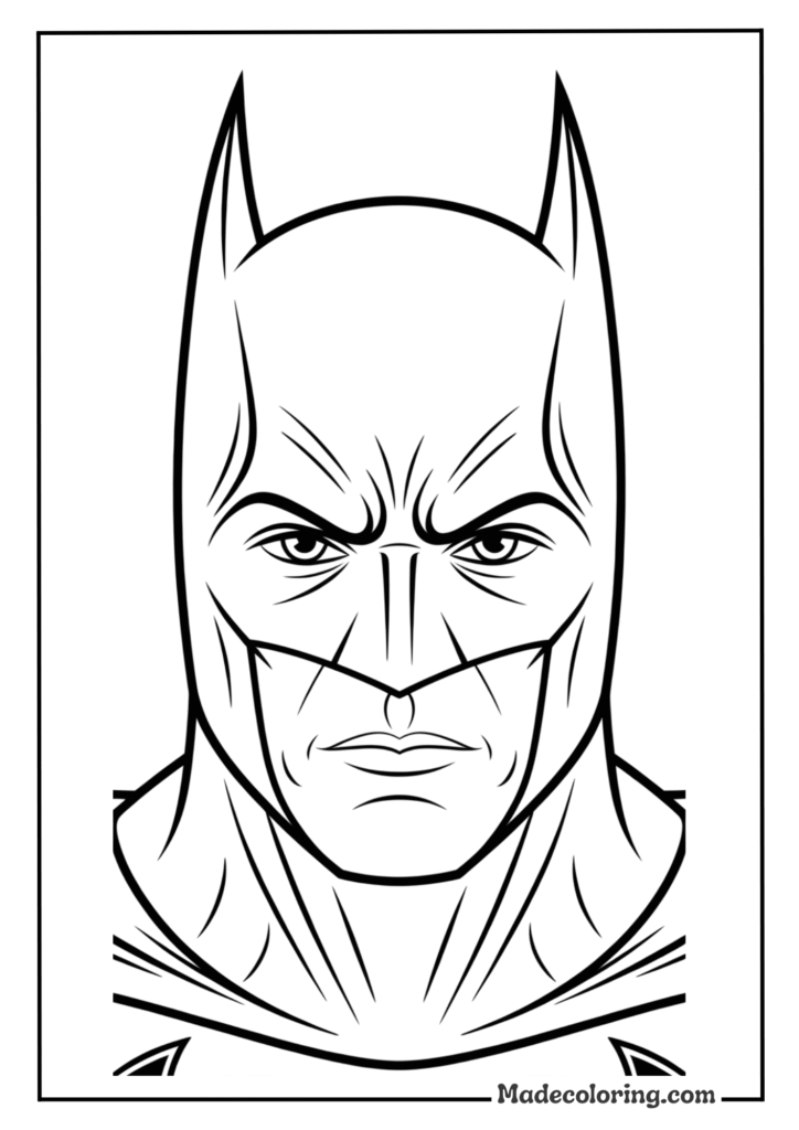 A close-up portrait of Batman's cowled face with a stern expression