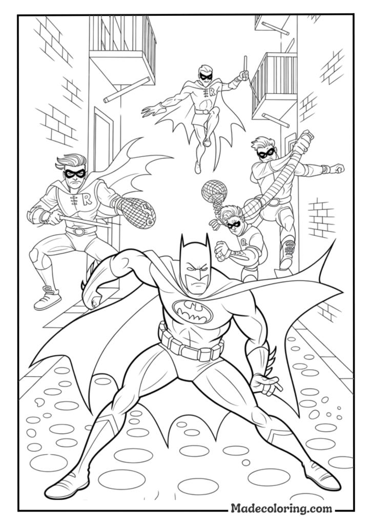 Batman and Robin fighting side by side against nameless henchmen