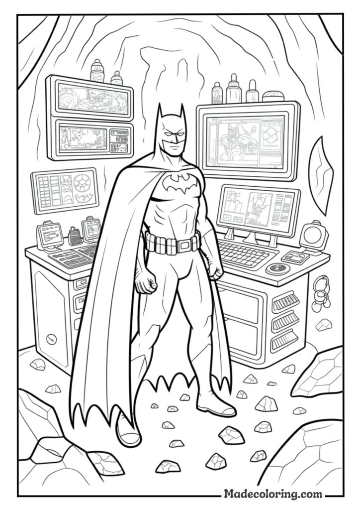 Batman in the Batcave surrounded by his technology