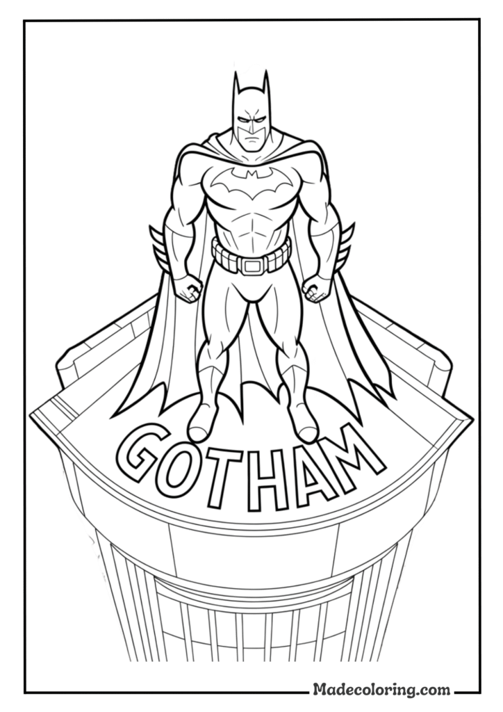Batman standing on a Gotham City rooftop