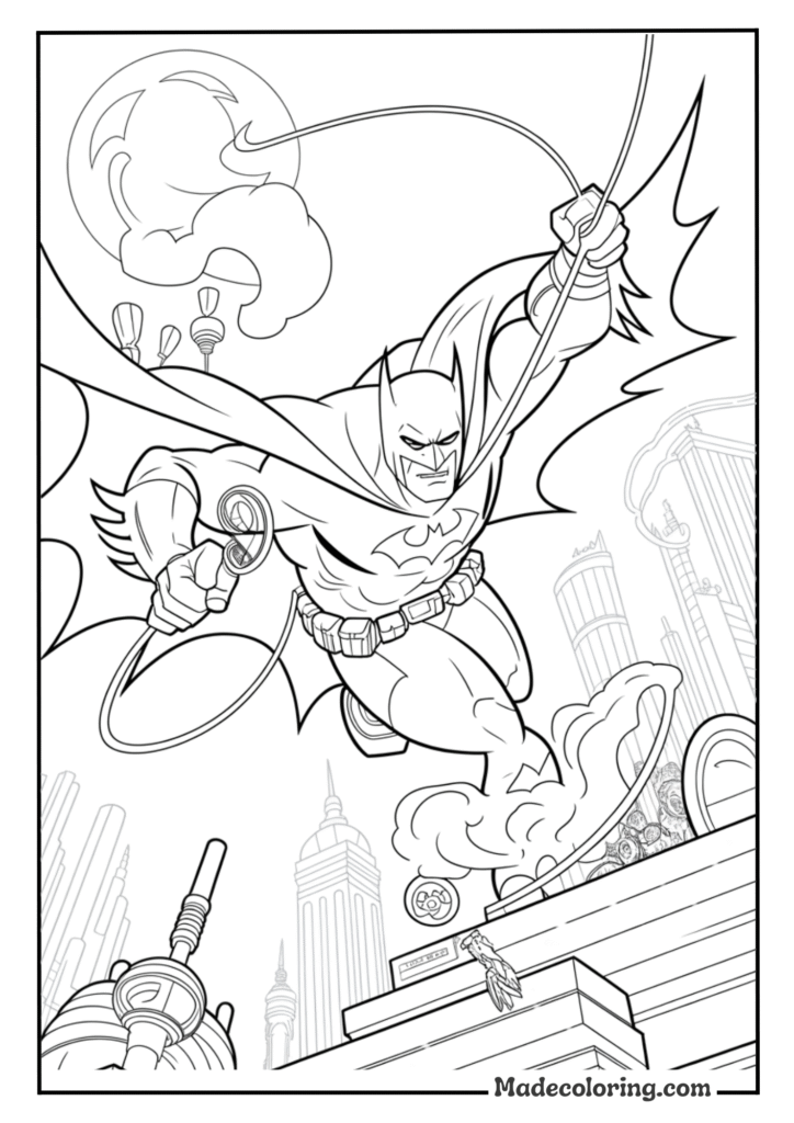 Batman using various gadgets from his utility belt