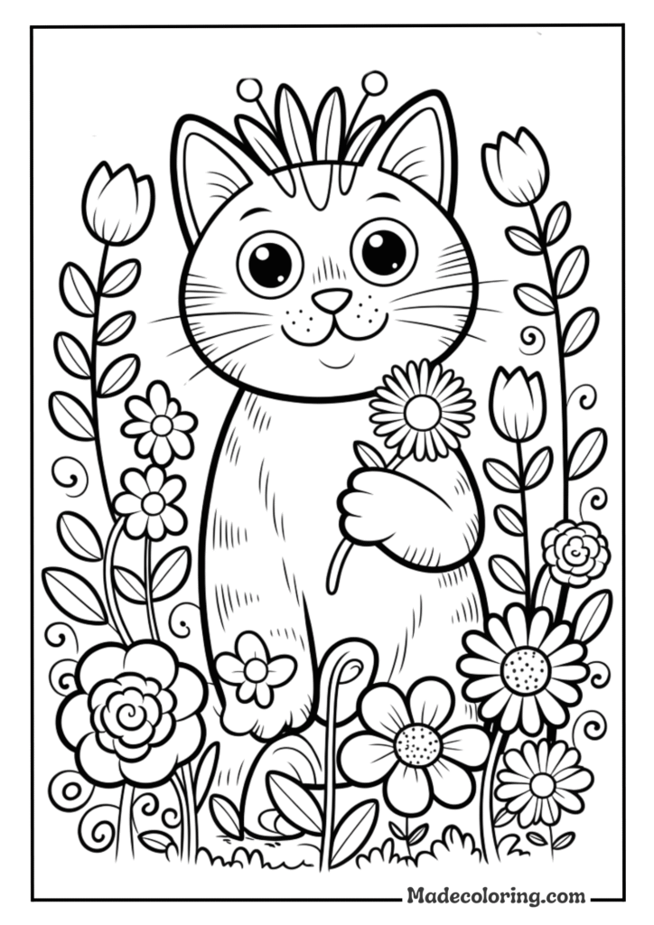 Cartoon Cat With Flowers