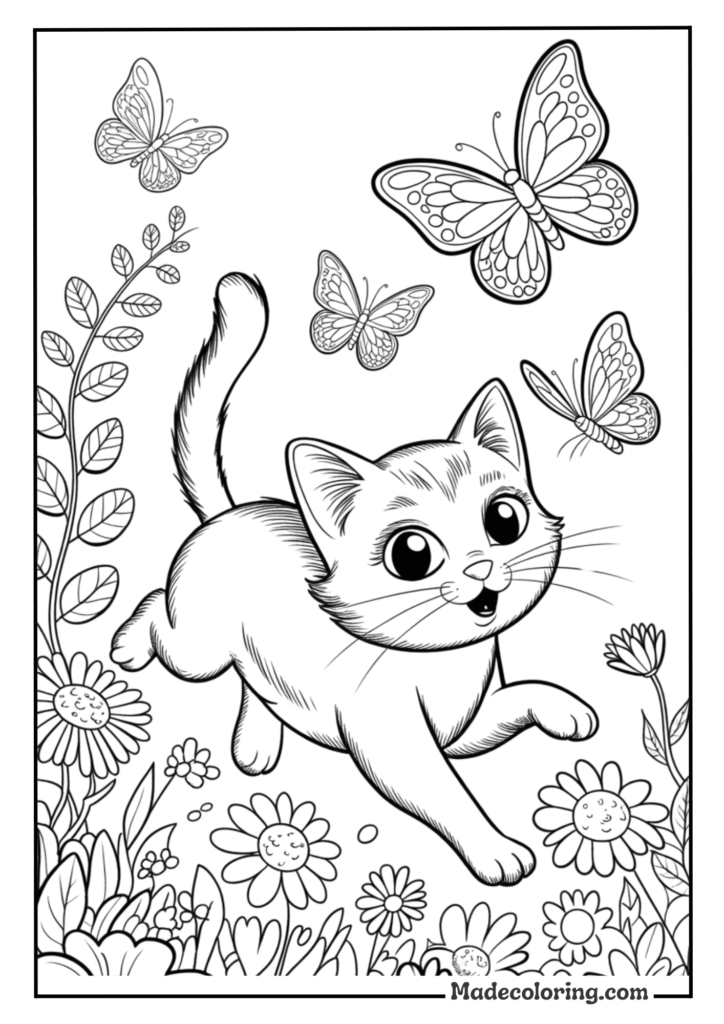 Cat Chasing Butterflies in a Garden