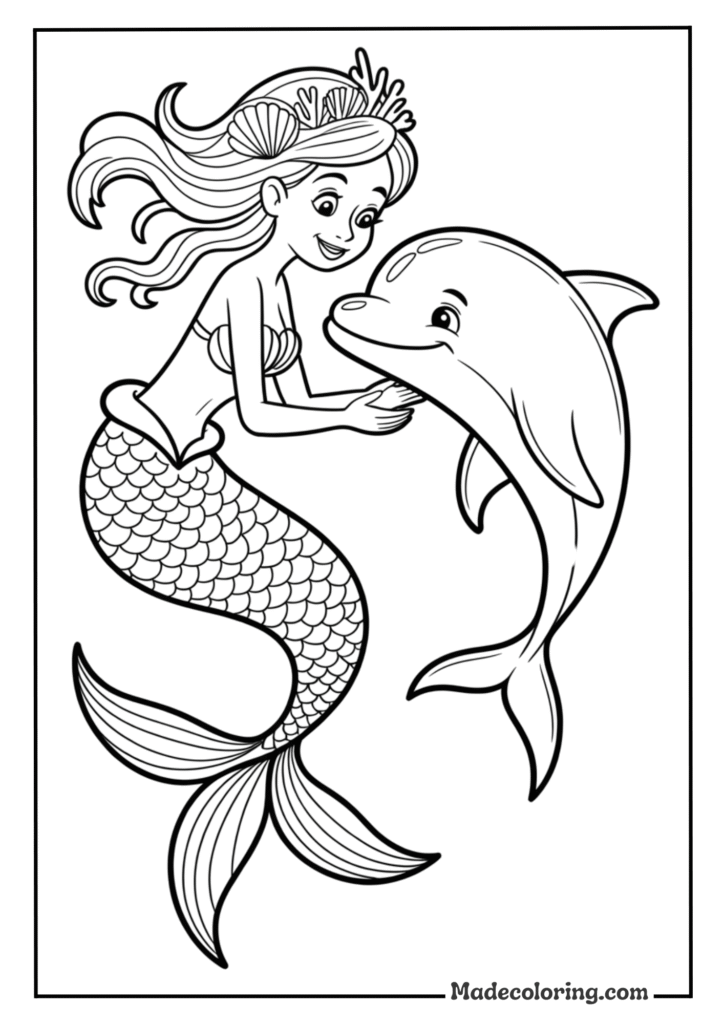 Friendly Mermaid Playing with Dolphin