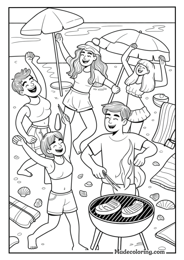 Friends Dancing and Grilling Meat in the Beach