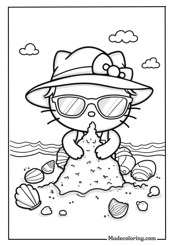 Hello Kitty at the beach building a sandcastle