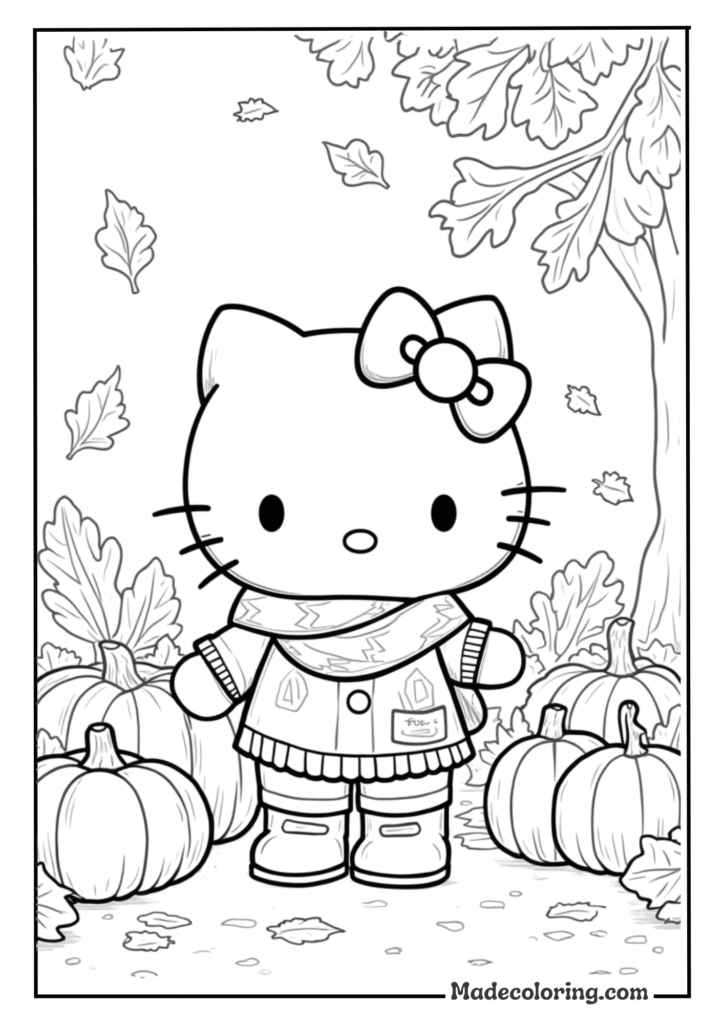 Hello Kitty playing in autumn leaves