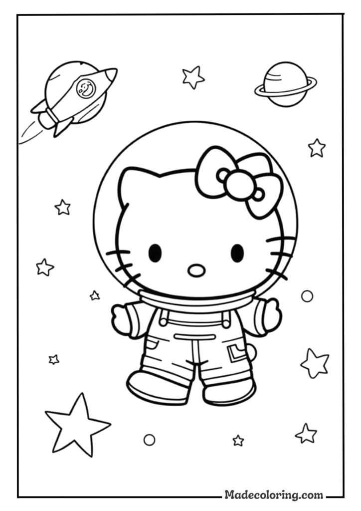 Hello Kitty dressed as an astronaut exploring space,