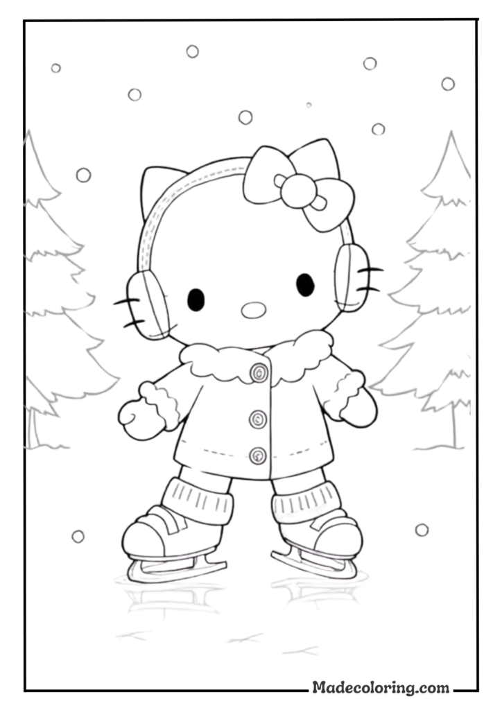 Hello Kitty ice skating on a frozen pond
