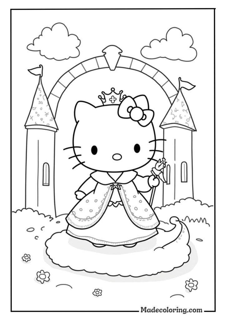 Hello Kitty in a fairy tale scene as a princess in a castle