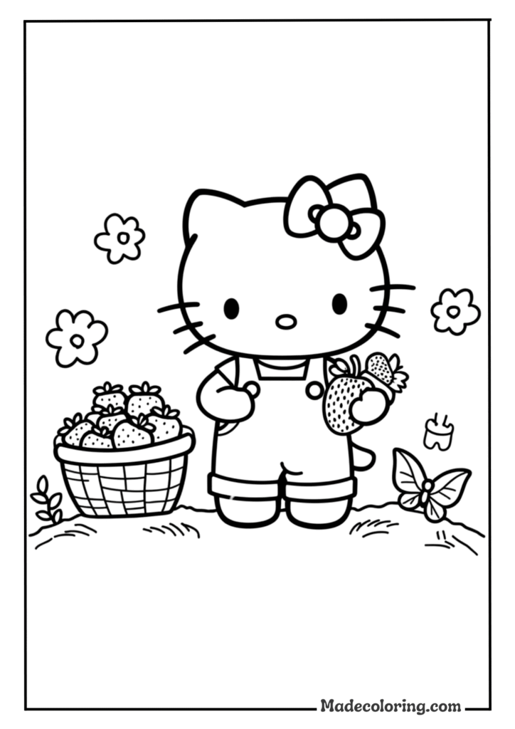 Hello Kitty in a garden picking strawberries