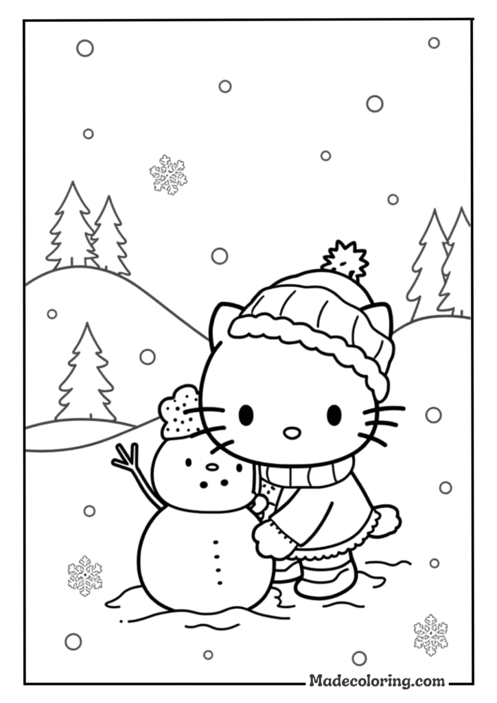 Hello Kitty in a winter wonderland building a snowman,