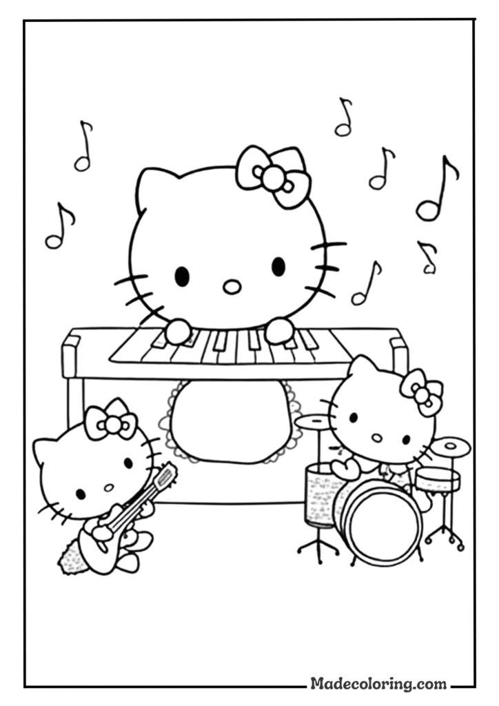 Hello Kitty playing musical instruments with friends