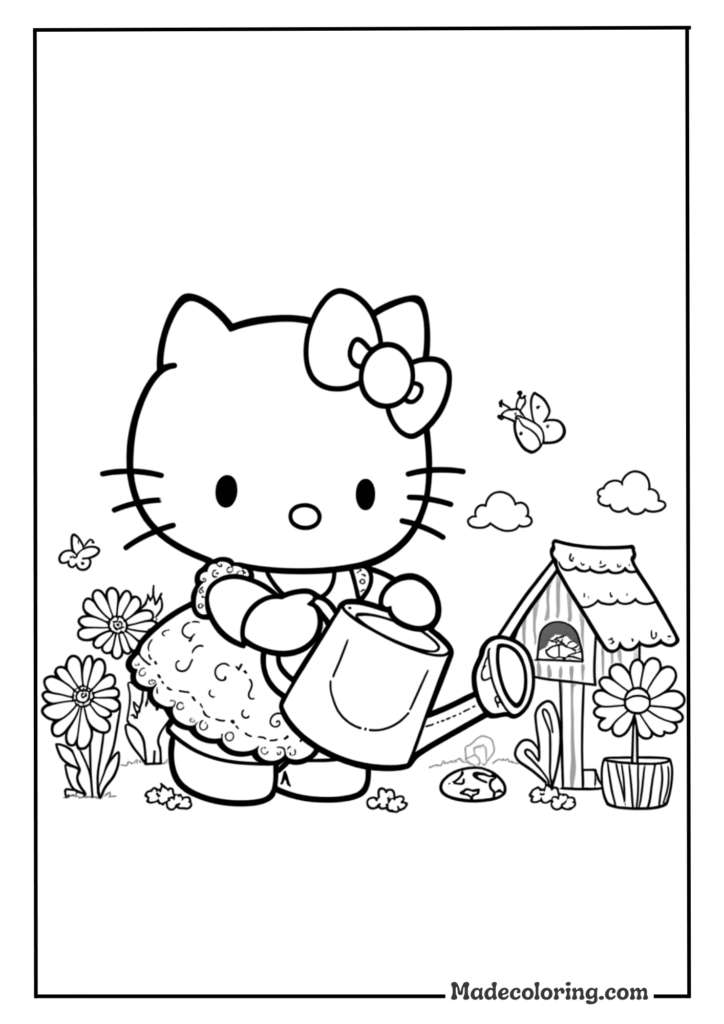 Hello Kitty tending to her garden