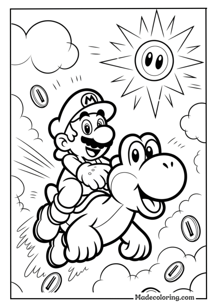 Mario Flying On Yoshi With Super Star