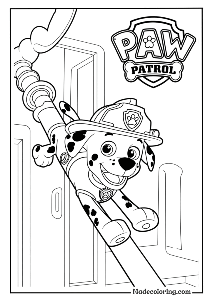 Marshall sliding down his fire pole