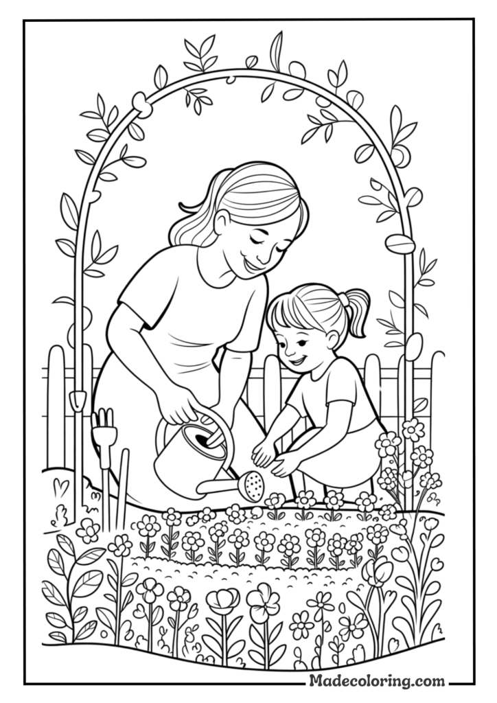 Mom and Child Silhouette Garden Scene