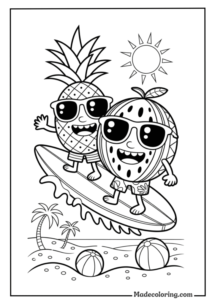Pineapple and Watermelon Surfers Wearing Sunglasses in Summer