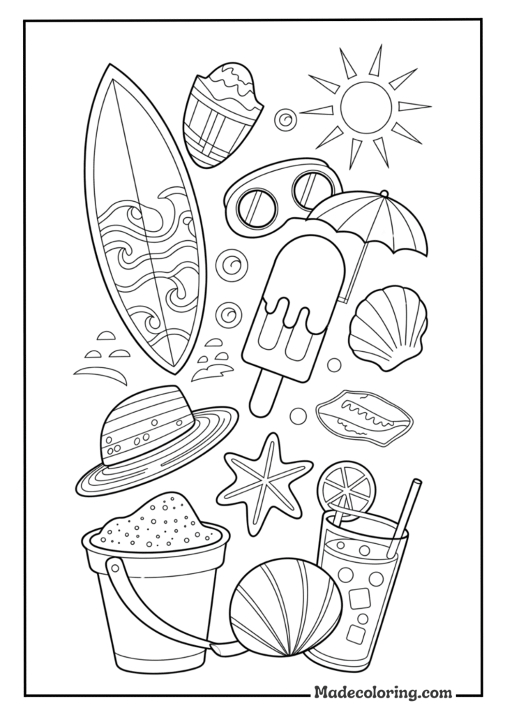 Summer Surf Board, Goggles, Popsicle, Hat, Seashell, Bucket, Drink, Sun, And Umbrella